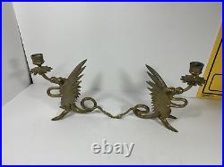 Vintage Brass Dragon Candle Holder Set Lot of 2 Griffin Gothic Mid Century Art