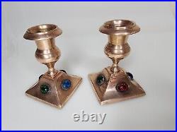 Vintage Brass Jeweled Candle Sticks Pair Cabochon India