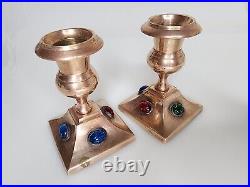 Vintage Brass Jeweled Candle Sticks Pair Cabochon India
