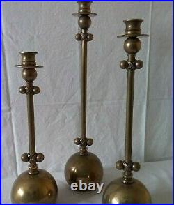 Vintage Brass Set of 3 Mid Century Modern Candlesticks -17 1/2 15 1/2 & 13 1/2