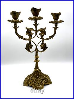 Vintage Brass Three Candles Holder Candlestick Ornate