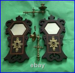 Vintage Brass Wood Panel Candlestick Candle Holder Wall Sconces