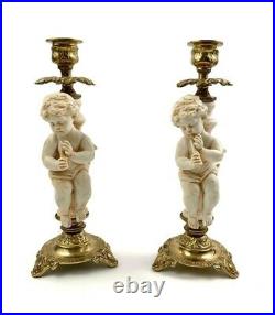 Vintage Brass and Alabaster Cherub Candle sticks Beautiful Gift for Home Decor