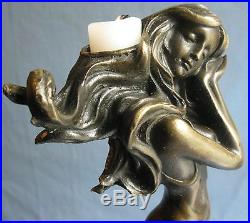 Vintage Bronze Art Nouveau Female Sculpture Candlestick Marble Base Fisher