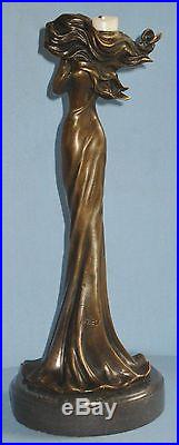 Vintage Bronze Art Nouveau Female Sculpture Candlestick Marble Base Fisher