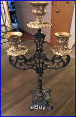 Vintage Bronze & Brass 3 Candle Candelabra Church Candlestick Gothic Cross