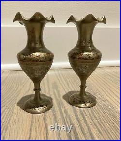 Vintage Bronze Candle Holders With Colored Etchings