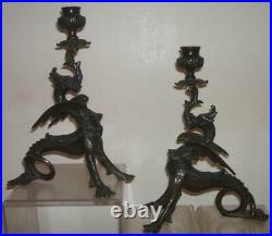 Vintage Bronze Pair Of Dragon Winged Griffin Gothic Candle Stick Holders