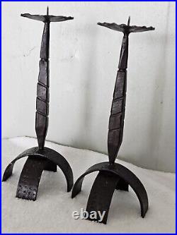 Vintage Brutalist Pair Of Wrought Iron Candlesticks