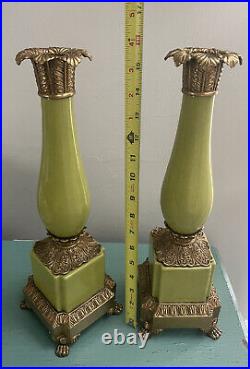 Vintage Candle Pillar Holder Bronze Finish Solid Brass Green Ceramic Mark Crown