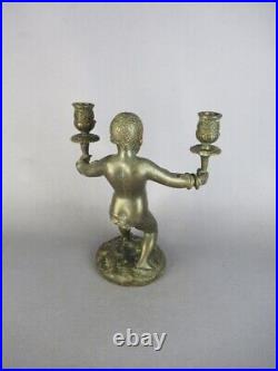 Vintage Candlestick A Two Arms Brass Figure Child Beginning'900
