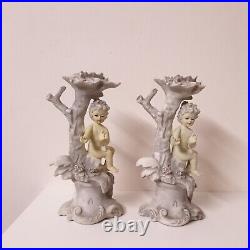 Vintage Candlestick Holder Angel Cherubs Set of 2 Ceramic Hand Painted