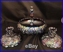 Vintage Carnival Glass Fenton Water Lily Nymph Flower Frog Candlestick Holders