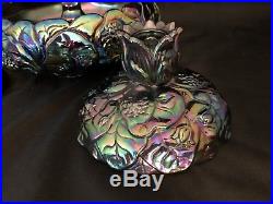 Vintage Carnival Glass Fenton Water Lily Nymph Flower Frog Candlestick Holders