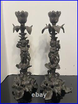 Vintage Cast Iron Baroque Style Cherub And Ivy Candle Sticks