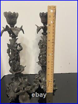 Vintage Cast Iron Baroque Style Cherub And Ivy Candle Sticks