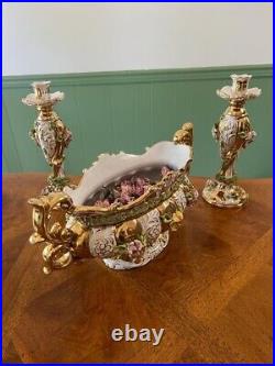 Vintage Ceramic Capodimonte Centerpiece and Pair of Candle Sticks Gold Gilt