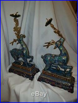 Vintage Chinese Blue Cloisonne Reindeer Deer Candle Holder Candlestick Pair 16