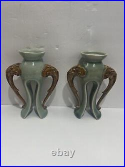 Vintage Chinese Celadon Glazed Porcelain Candlestick Holders With Elephant Heads