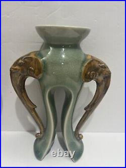 Vintage Chinese Celadon Glazed Porcelain Candlestick Holders With Elephant Heads