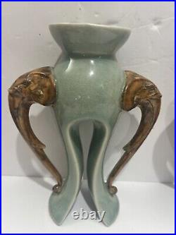 Vintage Chinese Celadon Glazed Porcelain Candlestick Holders With Elephant Heads