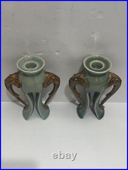 Vintage Chinese Celadon Glazed Porcelain Candlestick Holders With Elephant Heads