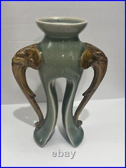 Vintage Chinese Celadon Glazed Porcelain Candlestick Holders With Elephant Heads