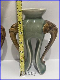 Vintage Chinese Celadon Glazed Porcelain Candlestick Holders With Elephant Heads