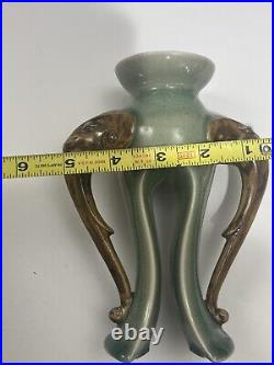 Vintage Chinese Celadon Glazed Porcelain Candlestick Holders With Elephant Heads