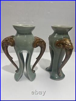 Vintage Chinese Celadon Glazed Porcelain Candlestick Holders With Elephant Heads