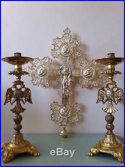 Vintage Christian Religious Sceptre Crucifiction Candlesticks Church Altar Brass