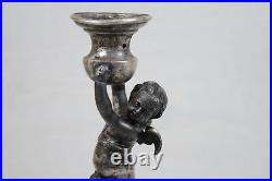 Vintage Collectible Cherub Bronze Silver Plated Candle Stick Holder Statue Deco
