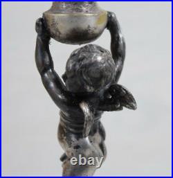 Vintage Collectible Cherub Bronze Silver Plated Candle Stick Holder Statue Deco