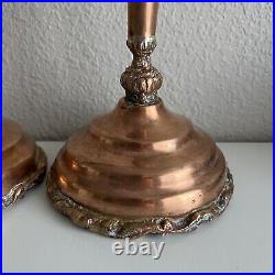 Vintage Copper Candlestick Pair 17 Patina Wide Base Tiered Detailed Unique