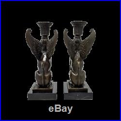 Vintage Egyptian revival bronze sphinx candlesticks by Milo