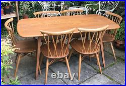 Vintage Ercol Plank Table With 6 Vintage Ercol Blue Label Candlestick Chairs