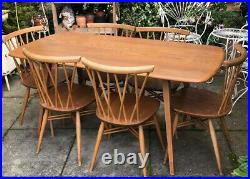 Vintage Ercol Plank Table With 6 Vintage Ercol Blue Label Candlestick Chairs