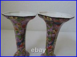 Vintage Exotic Bird Chintz Candlesticks Candleholders Lavender Purple Unmarked