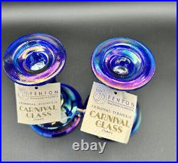 Vintage Fenton Cobalt Carnival Glass Pair 2 Candlesticks Original Stickers/tags