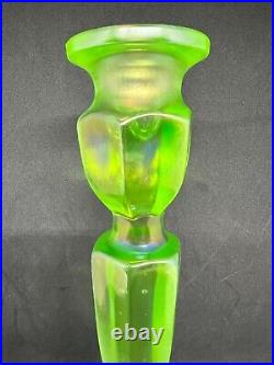 Vintage Fenton Glass Candle Stick Holder Green Florentine #349 Vaseline 10 1/2