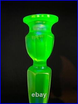 Vintage Fenton Glass Candle Stick Holder Green Florentine #349 Vaseline 10 1/2