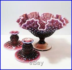Vintage Fenton Plum Opalescent Hobnail Footed Bowl + Candle/Candlestick Holders