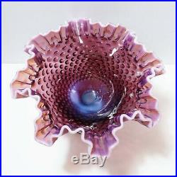 Vintage Fenton Plum Opalescent Hobnail Footed Bowl + Candle/Candlestick Holders