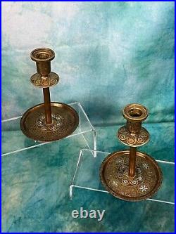 Vintage Fine Pair of Islamic Silver Inlaid Brass Candlesticks 8 inches tall