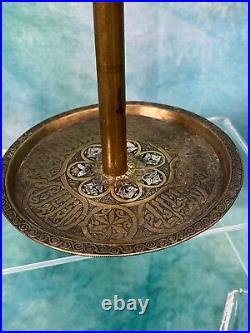 Vintage Fine Pair of Islamic Silver Inlaid Brass Candlesticks 8 inches tall