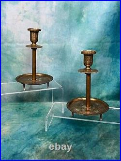 Vintage Fine Pair of Islamic Silver Inlaid Brass Candlesticks 8 inches tall