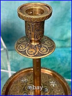 Vintage Fine Pair of Islamic Silver Inlaid Brass Candlesticks 8 inches tall