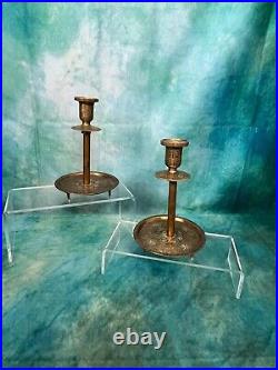 Vintage Fine Pair of Islamic Silver Inlaid Brass Candlesticks 8 inches tall