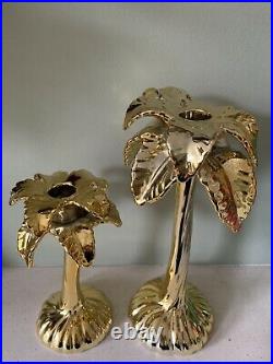 Vintage Fitz and Floyd ceramic Palm Tree Candlesticks gold Candle Holders