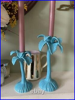 Vintage Fitz and Floyd ceramic Palm Tree Candlesticks turquoise Candle Holders